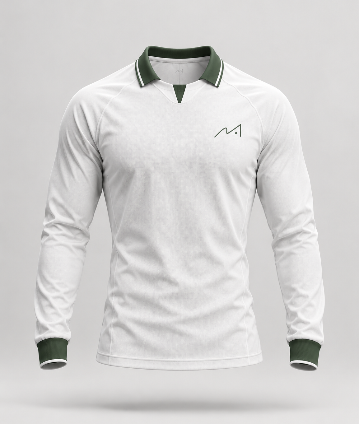 White MA athletic jersey with green collar and cuffs, front view