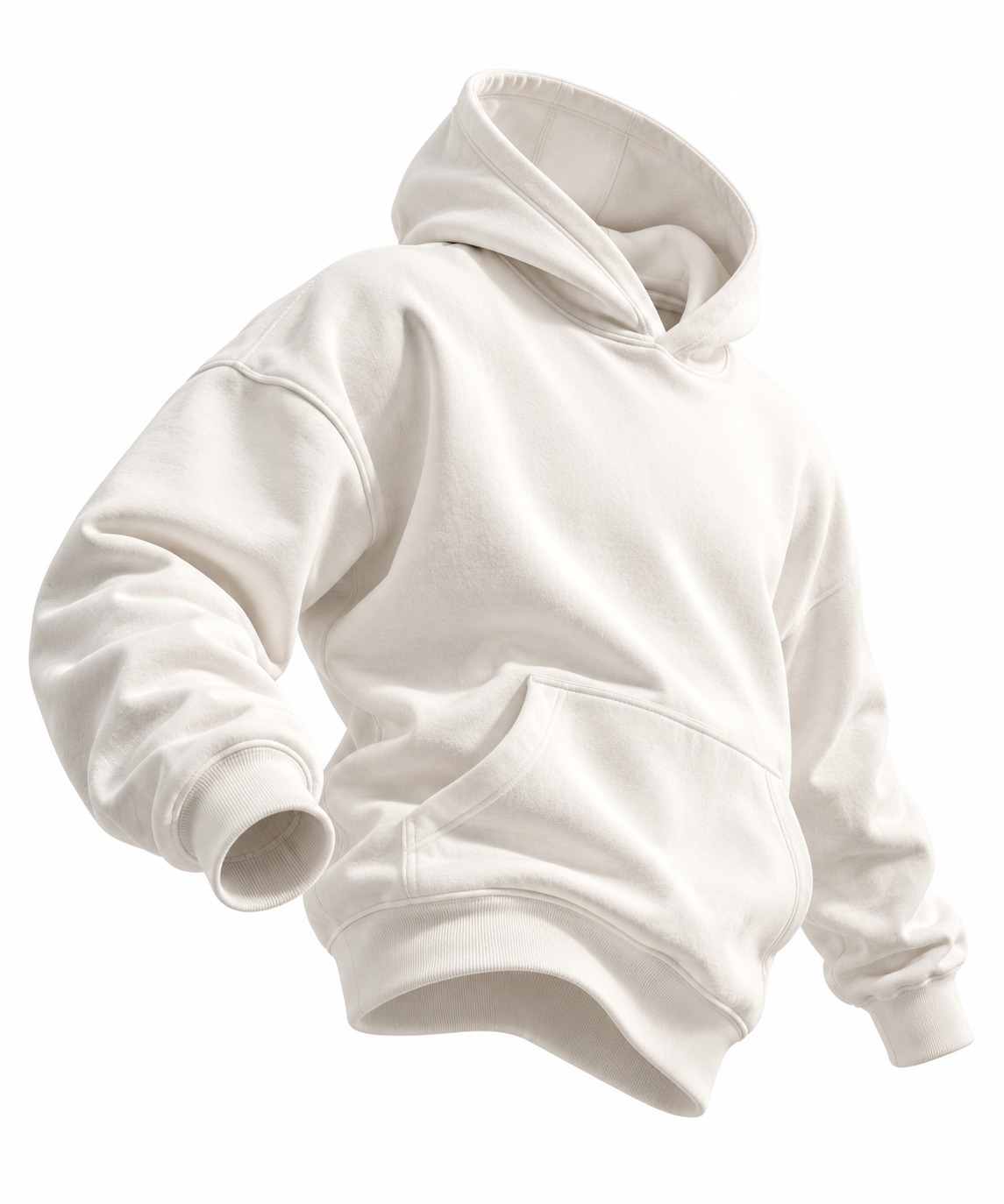 Floating cream organic cotton hoodie with detailed fabric, seams, ribbed cuffs and structured hood